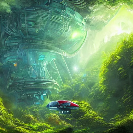 Image similar to legendary space ship, jungle planet, tropical, green forest, alien technology, cinematic, highly detailed, large blue engines, scifi, yellow windows and details, hyper realism, intricate digital painting, mechanics, red glow, gigantic landing pad, scifi base, artstation, by johnson ting, jama jurabaev