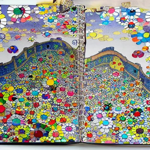 Prompt: a illustration of the great wall of china, in a notebook, takashi murakami inspired, notebook paper, highly detailed, beautiful sketch drawing