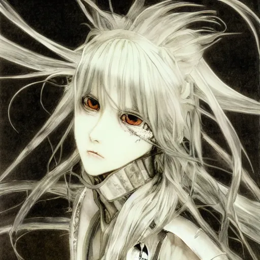 Image similar to Yoshitaka Amano blurred and dreamy illustration of an anime girl with pirate eye patch, wavy white hair and cracks on her face wearing Elden ring armour with the cape fluttering in the wind, abstract black and white patterns on the background, noisy film grain effect, highly detailed, Renaissance oil painting, weird portrait angle