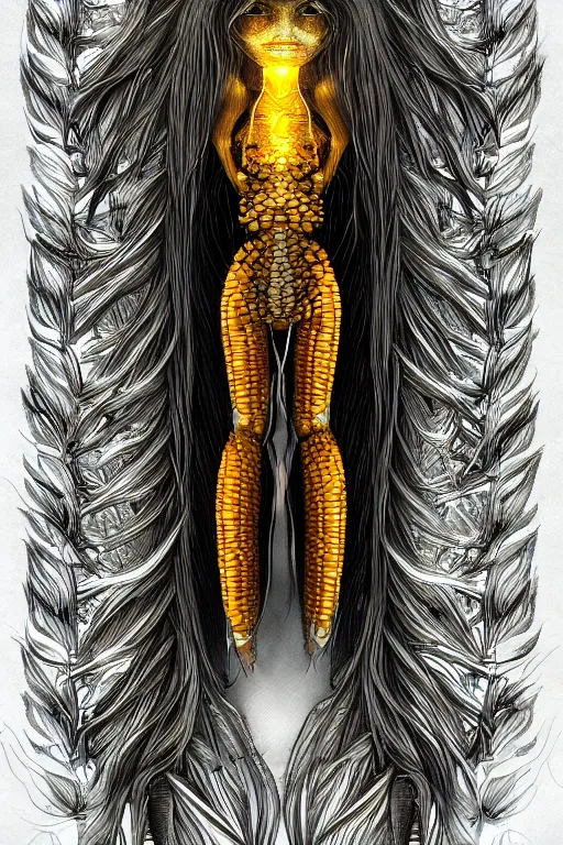 Image similar to corn dandelion humanoid figure monster, symmetrical, highly detailed, digital art, sharp focus, trending on art station, amber eyes, elemental glowing
