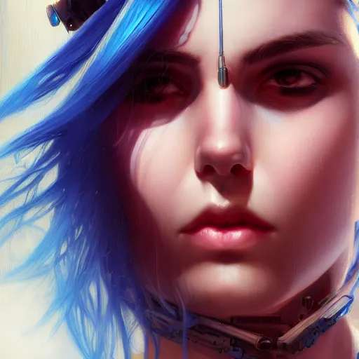 Image similar to Hyperrealistic close-up portrait of cyberpunk young woman with blue hair, D&D, fantasy, intricate, elegant, highly detailed, digital painting, artstation, concept art, smooth, sharp focus, illustration, art by artgerm and greg rutkowski and alphonse mucha