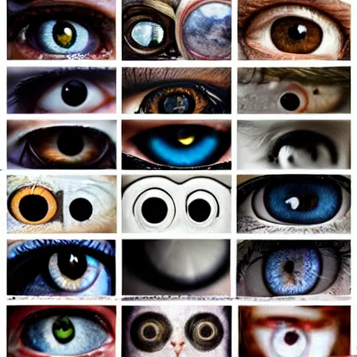 Prompt: collage, eyes, reflections, wall of eyes, hd photograph