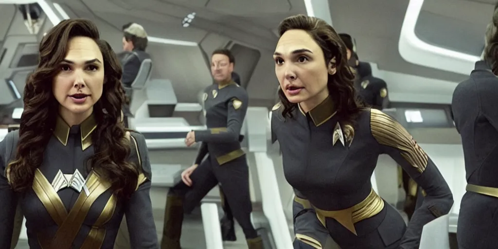 Image similar to Gal Gadot, in a Starfleet uniform, and Tribbles, Tribbles and more Tribbles in a scene in the next Star Trek movie