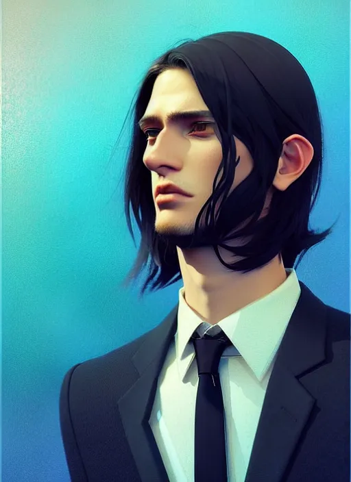 Image similar to a man in his twenties, handsome, long hair, suit ， perfect face, symmetric eyes, sharp focus, specular reflection, occlusion shadow, artstation, by ilya kuvshinov and jeremy lipking, light novel cover art, 3 d epic illustrations, symmetric body