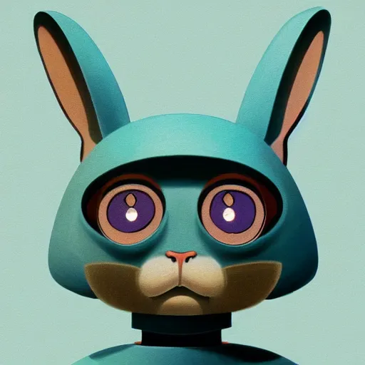 Image similar to artstation, by hayao myazaki, concept art, digital art, light blue, 2 - dimensional, 2 d, a rabbit robot