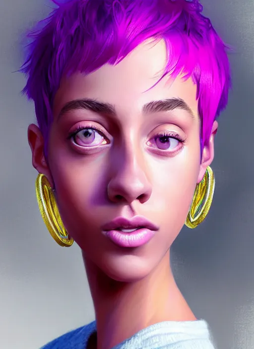 Image similar to portrait of teenage vanessa morgan with bright pink hair, vanessa morgan, curly pixie cut hair, wearing a purple breton cap, breton cap, hoop earrings, intricate, elegant, glowing lights, highly detailed, digital painting, artstation, concept art, smooth, sharp focus, illustration, art by wlop, mars ravelo and greg rutkowski