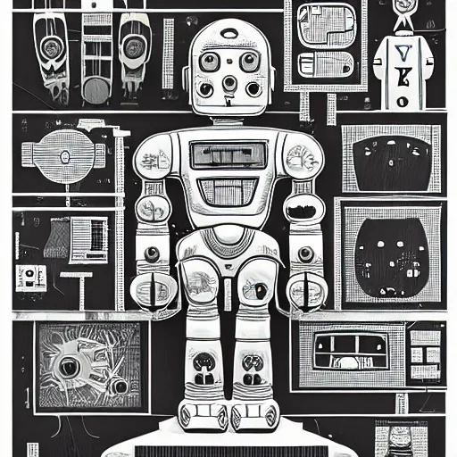 Image similar to a diagram of a robot body with various parts, cyberpunk art by eduardo paolozzi, behance contest winner, computer art, greeble, steampunk, poster art, james turrell, post it note art, optical illusion art, joseph stella, andy warhol, venus of willendorf, vintage robot, robot illustration