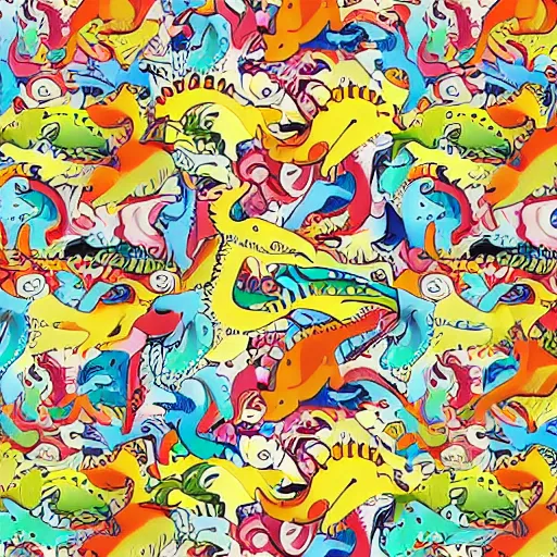 Image similar to a colourful dinosaur pattern with tyrannosaurus rex, spinosaurus, mosasaurus and velociraptor in the style of takashi murakami, anime, fine detail, digital art, high resolution