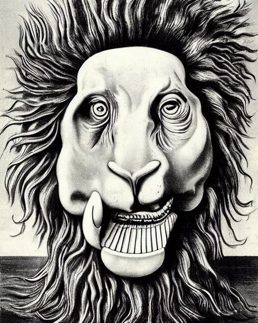 Image similar to a creature with the body and eyes of a man, with the beak of an eagle, the mane of a lion, and the horns of an ox. drawn by salvador dali