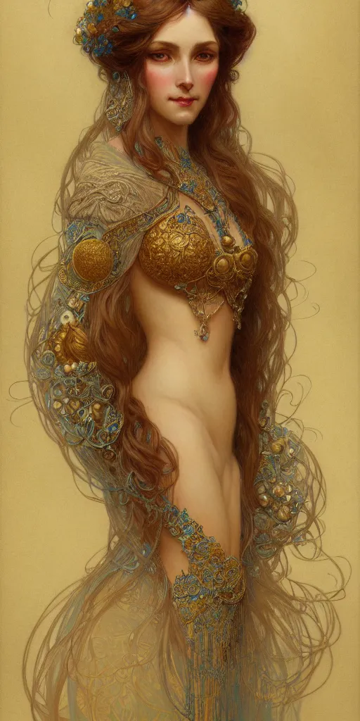 Image similar to character portrait of a modest woman, tall, feminine, powerful, modestly clothed, voluminous, intricate, elegant, highly detailed, digital painting, artstation, smooth, symmetrical, sharp focus, illustration, art by gaston bussiere and alphone mucha