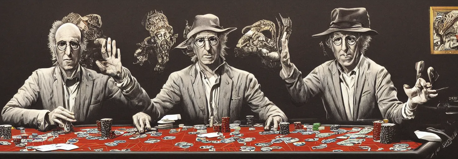 Image similar to portrait of larry david playing poker in the art style of virgil finlay, paul lehr, frank kelly freas, wayne barlowe, bob pepper, wally wood, moebius, h. r. giger, frank frazetta, richard m. powers. digital art, concept render.