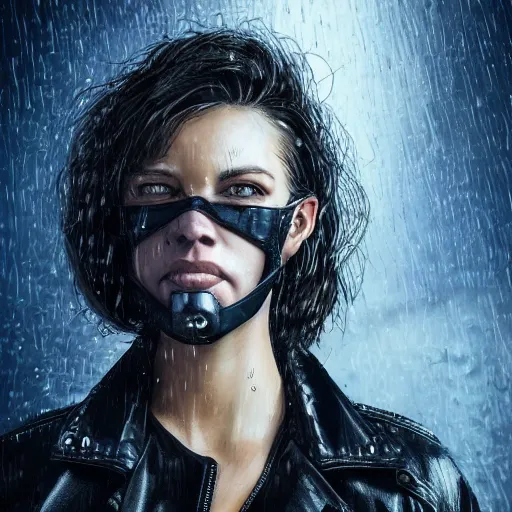 Prompt: closeup portrait of an angry woman looking at the camera in the style of stefan kostic, realistic, cyberpunk, leather jacket, mask, nighttime, rain storm, body shot, sharp focus, 8 k high definition, insanely detailed, intricate, elegant, art by stanley lau and artgerm, floating embers