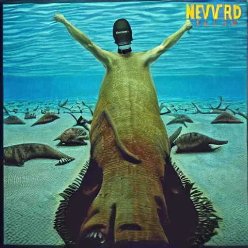 Image similar to nirvana nevermind album cover with a spinosaurus