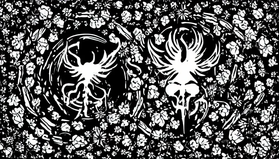 Prompt: black metal band logo designed with flowers and very happy and peaceful background
