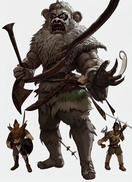 Image similar to strong young man, photorealistic bugbear ranger holding aflaming sword, black beard, dungeons and dragons, pathfinder, roleplaying game art, hunters gear, jeweled ornate leather and steel armour, concept art, character design on white background, by studio ghibli, makoto shinkai, kim jung giu, poster art, game art