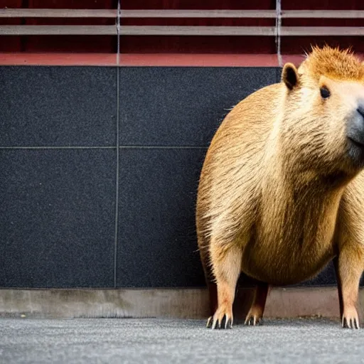 Image similar to a high detail photo of an antropomorphic capybara wearing a suit, subject= duck, subject detail: wearing a suit, photorealism