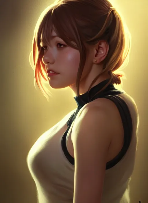 Image similar to portrait of a full body of beautiful young female detective, d & d, sleeveless turtleneck, fantasy, flat lighting, intricate, highly detailed, digital painting, artstation, concept art, smooth, sharp focus, illustration, misa amane, art by simon bisley and greg rutkowski and alphonse mucha, natural tpose