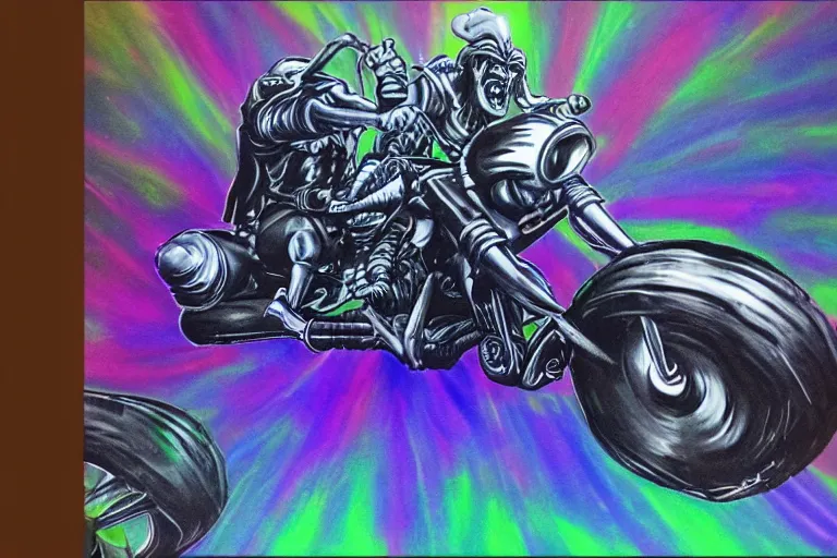 Prompt: high quality cinematic action shot of an orc doing a wheelie on a motorcycle, psychedelic blacklight airbrush art