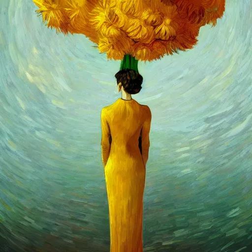 Prompt: giant flower head, woman in a luxury apartment, surreal, dramatic light, impressionist painting, digital painting, artstation, van gogh