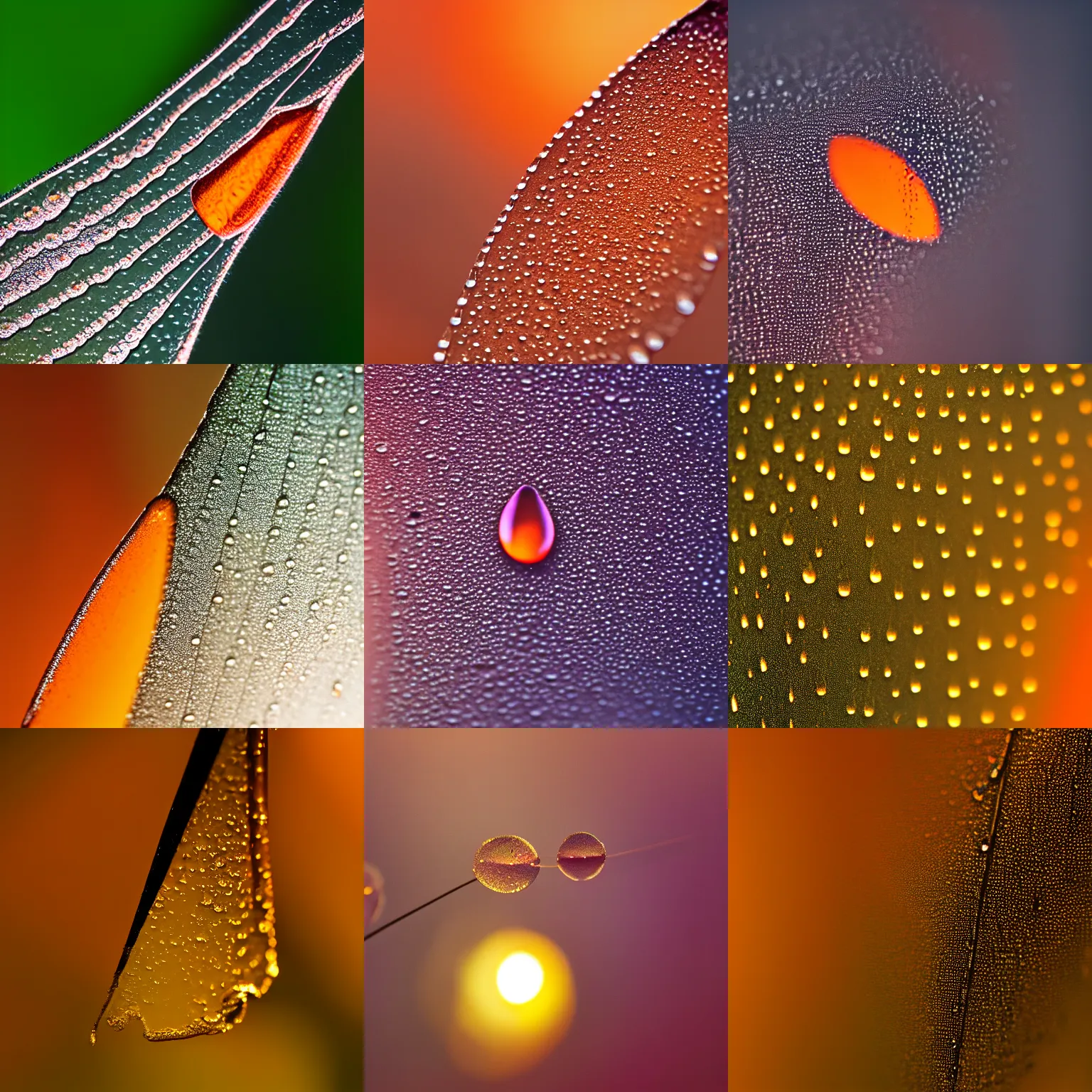 Prompt: macro shot photography of back-lit refractive dew drops hanging from a dark silhouette of a thin insect wing, blurred depth of field, warm orange blurred background light