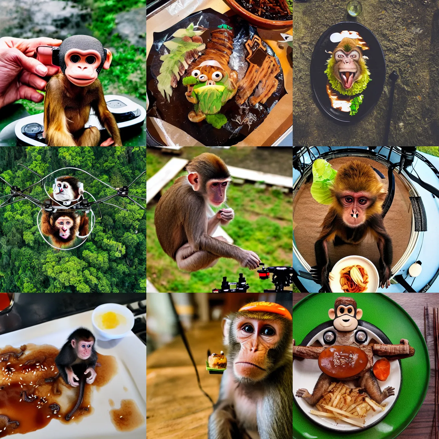 Prompt: a monkey on a drone teriyaki in a mountain
