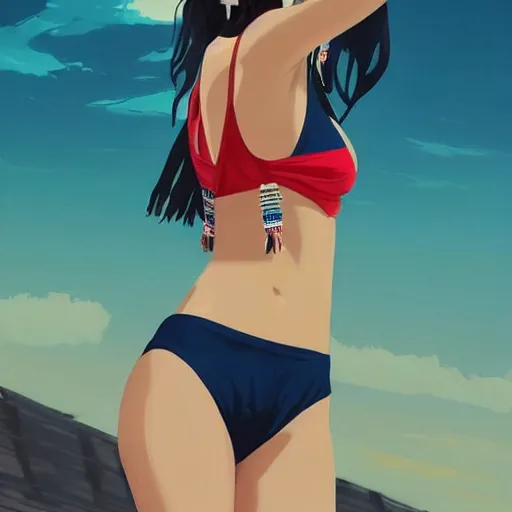 Image similar to a beautiful young japanese natalie portman alluring gravure model, stylized concept art, wearing elegant designer bomber jacket and one piece bikini, bomber jacket with mesoamerican patterns, mesoamerican native street fashion, princess mononoke, painted by ilya kuvshinov aesthetic, gorgeous, stunning, alluring, attractive, artstation, pinterest, digital art