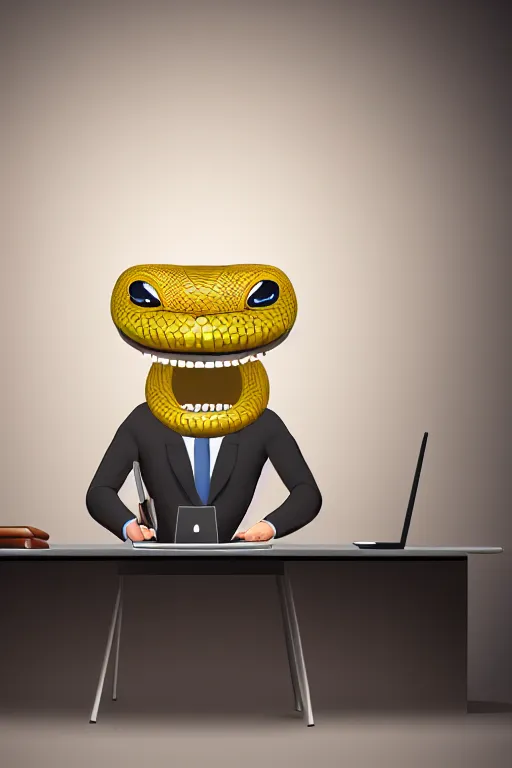 Prompt: anthropomorphic snake that looks like a human, wearing a shirt, business attire, sitting at a desk with a laptop, realistic, colored studio lighting, professional photography, nikon 5 0 mm f / 1. 8 g, canon
