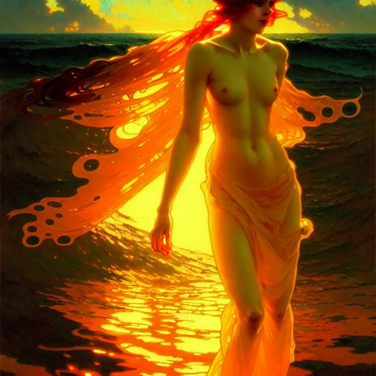 Image similar to sea of glossy liquid honey drops flowing like translucent amber, backlit, sunset, refracted lighting, art by collier, albert aublet, krenz cushart, artem demura, alphonse mucha