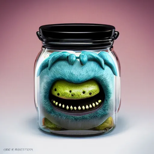 Image similar to cute monster in a jar by Greg Rutkowski, product photography, centered, studio lightning