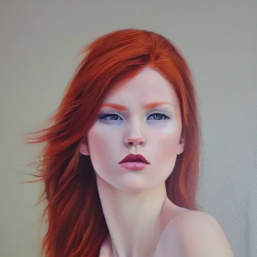 Image similar to hyperrealism oil painting of redhead emotional fashion model portrait