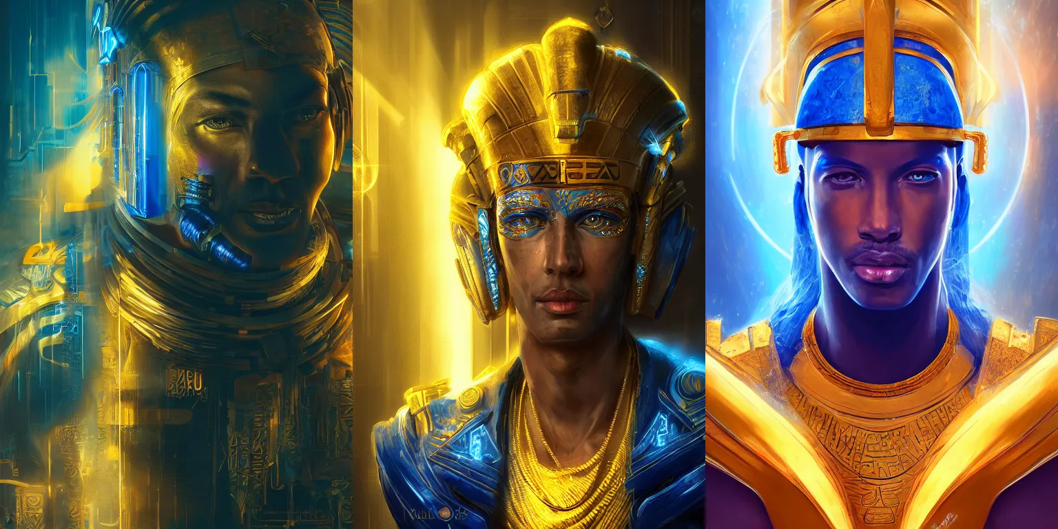 Prompt: Half-length portrait of a cyberpunk pharaoh, noble, god. Dramatic gold blue lighting, bloom. Fantasy, digital painting, artwork, HD, 4k, highly detailed, vibrant.