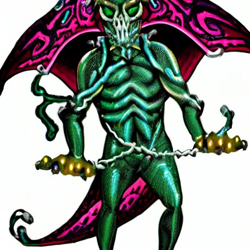 Prompt: a iron devil with infernal devil wings in an iridescent chameleon - colored suit with a pearly hue