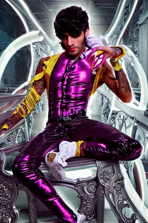 Prompt: full-body rococo and cyberpunk style neon statue of a muscular attractive Zayn Malik sim roupa macho dotado e rico android sim roupa reclining con las piernas abiertas e la piroca dura e afuera, glowing white laser eyes, prince crown of red gears, diamonds, swirling black-colored silk fabric. futuristic elements. full-length view. space robots. alien skulls. intricate artwork by caravaggio. Trending on artstation, octane render, cinematic lighting from the right, hyper realism, octane render, 8k, depth of field, 3D