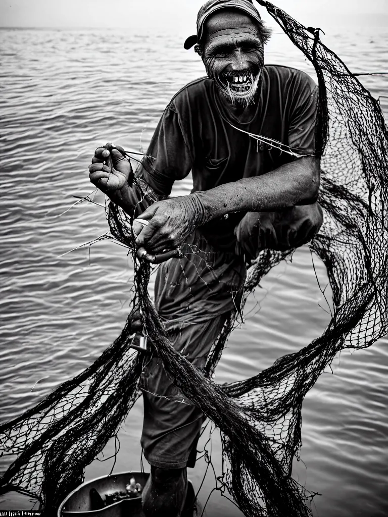 Image similar to an imperfect journalistic portrait of a fisherman, after he has caught a tokomak in his net. he grins proudly, baring his gargantuan razor sharp teeth like blades of a professional food processor