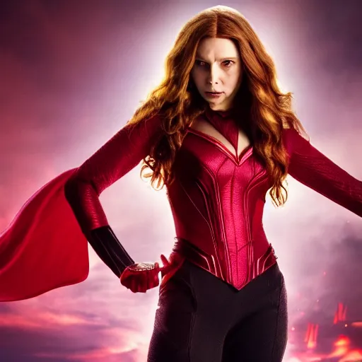 Image similar to high resolution photo of scarlet witch with a menacing look, 4 k, award winning photography.