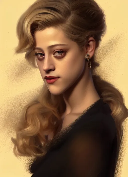 Image similar to portrait of lili reinhart with fluffy bangs, bangs, 1 9 6 0 s, ponytail, curly bangs and ponytail, rounder face, intricate, elegant, glowing lights, highly detailed, digital painting, artstation, concept art, smooth, sharp focus, illustration, art by wlop, mars ravelo and greg rutkowski