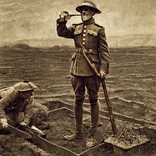 Prompt: ultra detailed photorealistic sepia - toned photograph from 1 9 1 7, a british officer in field gear standing at an archaeological dig site near megra, ultra realistic, painted, intricate details, lovecraft, atmospheric, dark, horror, brooding, highly detailed, by angus mcbride