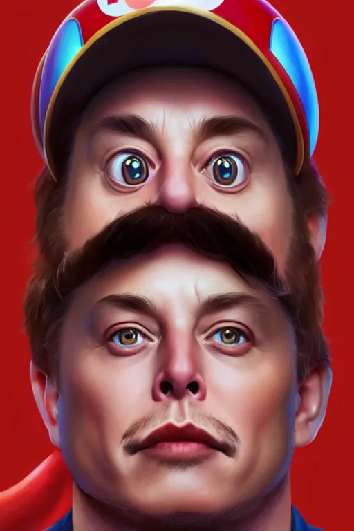 Image similar to elon musk as mario from the super mario bros, realistic portrait, symmetrical, highly detailed, digital painting, artstation, concept art, smooth, sharp focus, illustration, cinematic lighting, art by artgerm and greg rutkowski and alphonse mucha