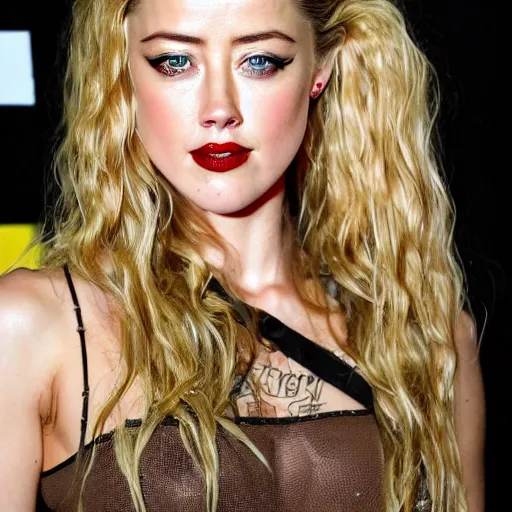 Image similar to a weathered Amber Heard in prison outfit in jail with prison tattoos all over her arms