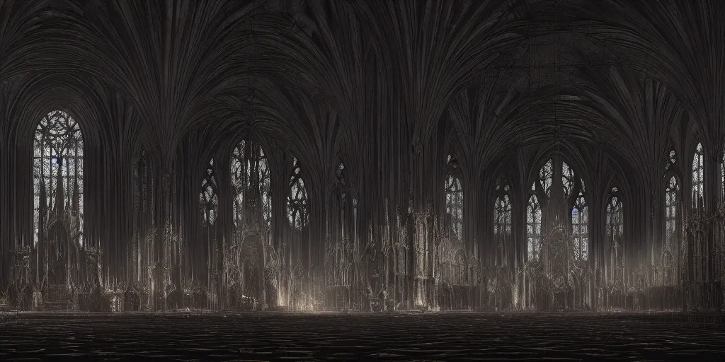 Image similar to cinematic movie scene, 2 0 0 mm wide shot, precise architectural rendering, interior of a dark gloomy catherdal made from bones skulls skin and wires, gothic architecture, detailed illustration, moody atmospheric lightng sharp focus, concept art, unreal engine, octane render, god rays h 7 6 8