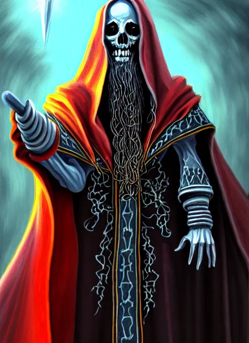 Image similar to ultradetailed painting of the necromancer, wearing a wizard cloak, crisp