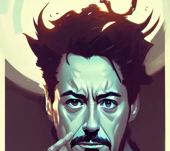 Image similar to portrait tony stark having a nightmare atey ghailan, by greg rutkowski, by greg tocchini, by james gilleard, by joe fenton, by kaethe butcher, by ashley wood, dynamic lighting, gradient light blue, brown, blonde cream and white color scheme, grunge aesthetic