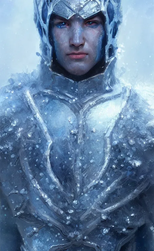 Prompt: portrait of a frozen blue elf in armor, frost, male, detailed face, fantasy, highly detailed, cinematic lighting, digital art painting by greg rutkowski