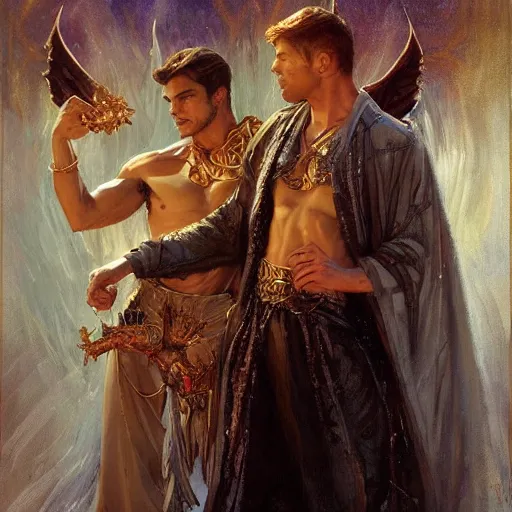 Image similar to attractive male deity casts dark spell, summons attractive male lucifer morningstar. highly detailed painting by gaston bussiere, craig mullins, j. c. leyendecker 8 k