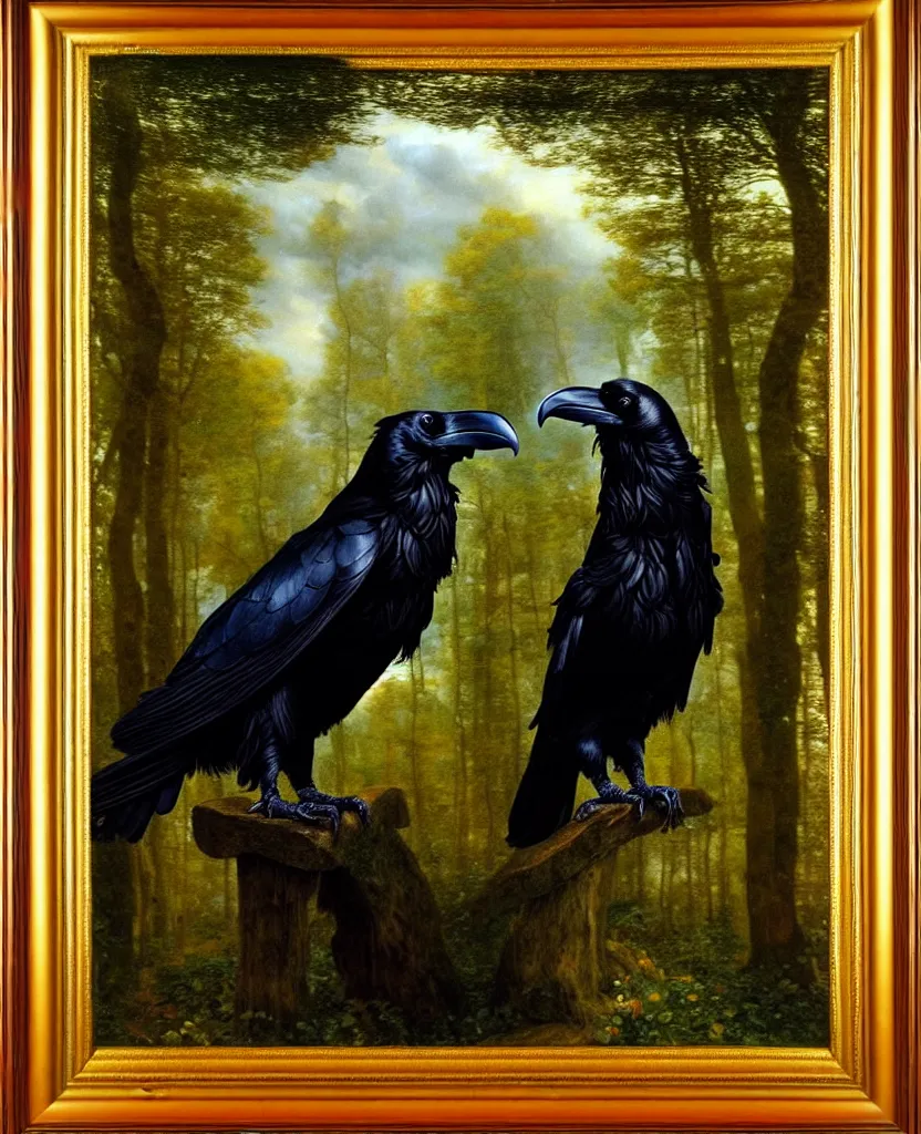 Prompt: a breathtakingly stunningly pre raphaelite beautifully highly detailed animal portrait of a majestic raven, in an forest with arch and smokey reflections, framed, by rosetti and devinci and michael cheval and sidney cooper and turner, 4 k