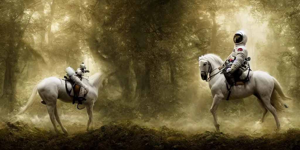 Image similar to an astronaut riding on the back of a white horse through a forest, a detailed matte painting by frieke janssens, featured on cgsociety, fantasy art, matte painting, reimagined by industrial light and magic, matte drawing