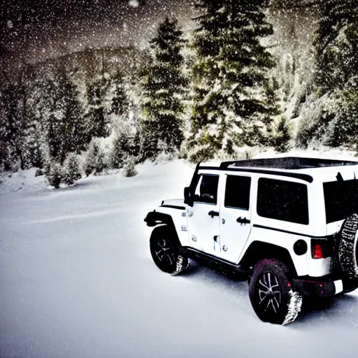 Prompt: white jeep wrangler driving up snow covered mountain ridge, dreamy atmosphere, dramatic lighting, cinematic, photo realism