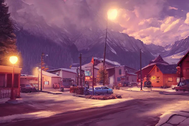 Image similar to cozy town in rocky mountains, matte painting, life is strange concept art, warm light, 3 d cell shading render