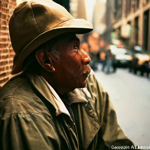 Prompt: closeup portrait of a man fishing in a smoky new york back street, by Annie Leibovitz and Steve McCurry, natural light, detailed face, CANON Eos C300, ƒ1.8, 35mm, 8K, medium-format print