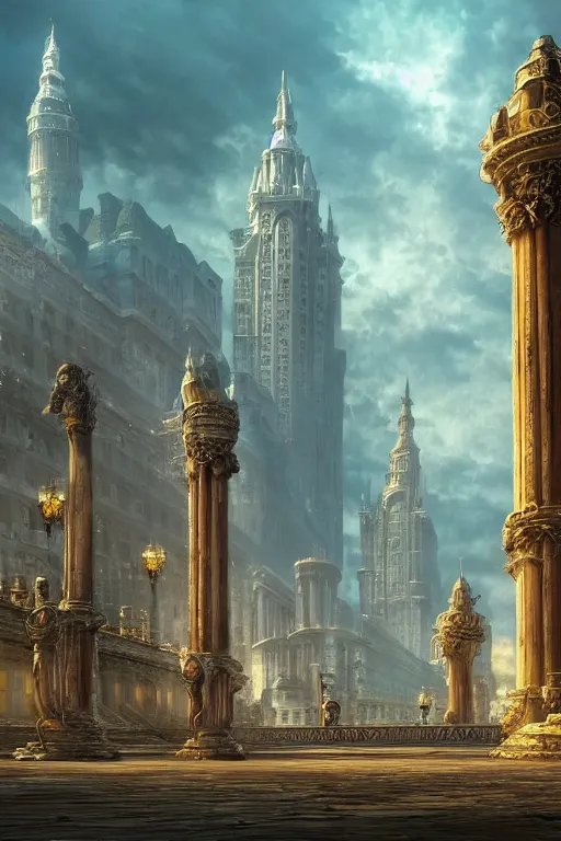 Image similar to gigantic palace, adorned pillars, towers, landscape, alex ross, neal Adams, david finch, concept art, matte painting, highly detailed, rule of thirds, dynamic lighting, cinematic, detailed, denoised, centerd